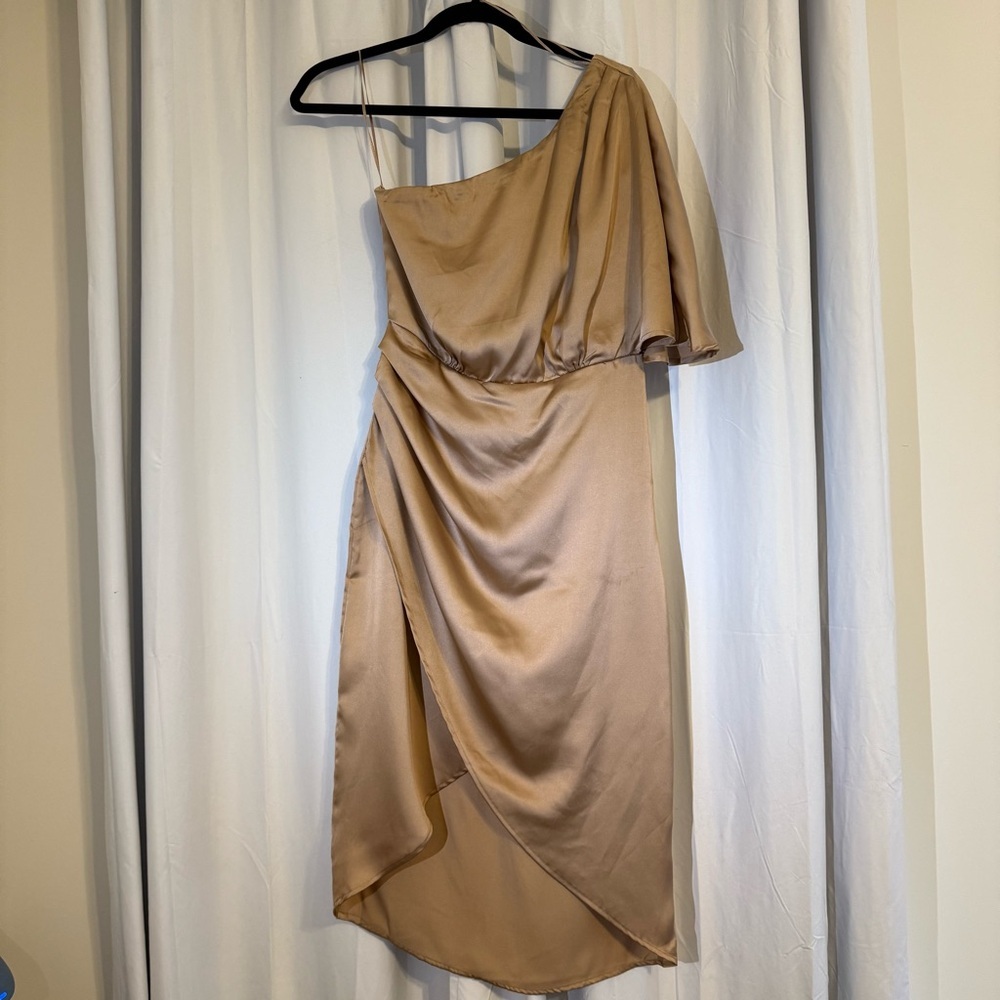 Sincerely Jules Satin One Shoulder Midi Dress Champagne Wedding Guest Medium